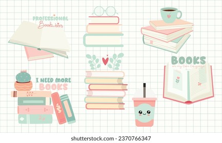 Set of Books Illustrations, Stacks of books. Read more books. Book lover digital stickers