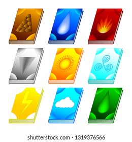 Set of Books isolated on white background. Different Weather Elements. Ancient Books with Alchemy Recipes and Mystic Spells Enchantments. Vector Illustration for Your Design, Game, Card, Web.