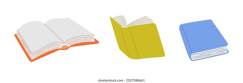 Set of books isolated on white background. Various books collection in flat style illustration. Hand drawn educational concept. Vector illustration of book from different angles, open and closed.