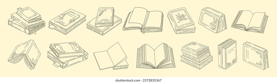 Set of books line art. Open books and stacks of books in a flat design style. World Book Day. Vector.
