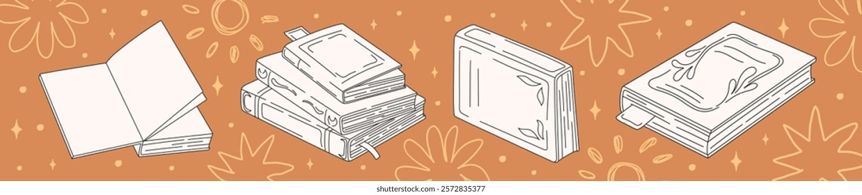 Set of books line art. Reading and literature. World Book Day. Vector.