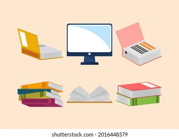 set of books literacy with computer cartoon