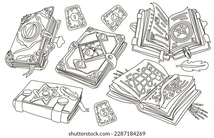 A set of books with magic spells, tarot cards and gems in a linear style. Fantastic grimoires on alchemy, ancient volumes of fairy tales or games with esoteric recipes and mystical charms. Cartoon