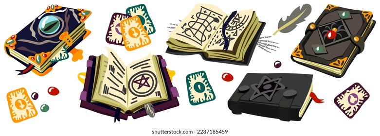 Un conjunto de libros con hechizos de magia, cartas de tarot y piedras preciosas. Grimoires fantásticas sobre alquimia, volúmenes antiguos de cuentos de hadas o juegos con recetas esotéricas y encantos místicos. Vector de dibujos animados