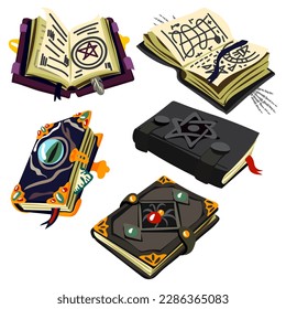 A set of books with magic spells, witchcraft, curses. Fantastic grimoires on alchemy, Ancient volumes of Fairy tales or games with esoteric recipes and Mystical Charms. Cartoon vector illustration