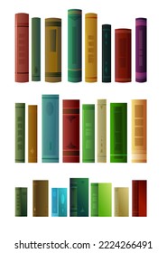 Set books objects. Great collection for reading. Library or bookstore. Side view. Isolated on white background. Vector.