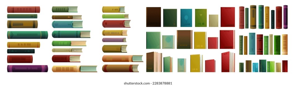 Set books objects. Side view from the front. Great collection for reading. Library or bookstore. Isolated on white background. Vector.