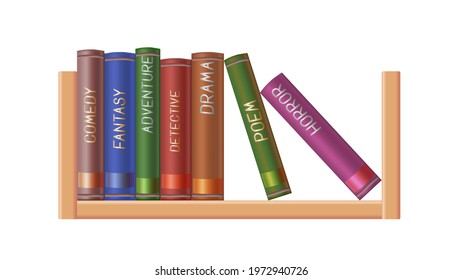 Set of books on the bookshelf. Many genres. Vector illustration. Isolated white background.