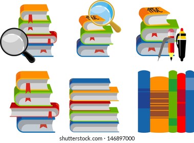 a set of books on a white background with elements of education