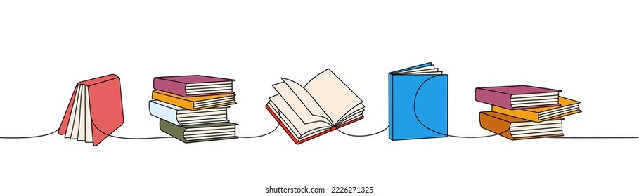 Set of books one line colored continuous drawing. Bookstore, library continuous one line colorful illustration. Vector minimalist linear illustration.