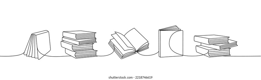 Set of books one line continuous drawing. Bookstore, library continuous one line illustration. Vector minimalist linear illustration.