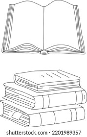 A set of books. Open book with blank pages and a stack of books of different thickness and size. Outline vector drawing with black line.