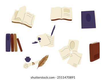 Set of books and paper sheets. Vintage objects in linear flat style.