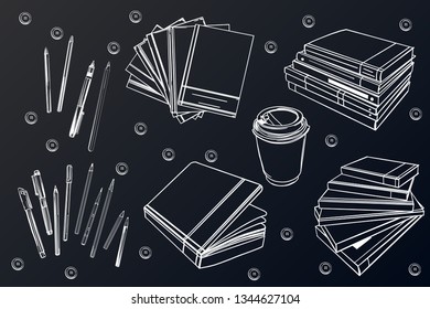 A set of books, pens, pencils, a glass of coffee, a pencil case. Print for your design. Book layout. Empty white closed and open books. 