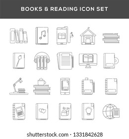 Set of books and reading icon in line art.