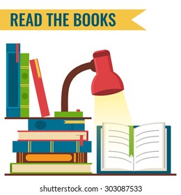 Set of books with reading lamp. Library, bookshop and education concept. Flat style vector illustration.