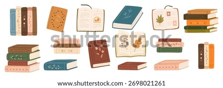 Set of books for reading and learning. Piles of textbooks. Fiction and education literature, novels, encyclopedias for reading and studying. Flat vector illustrations.