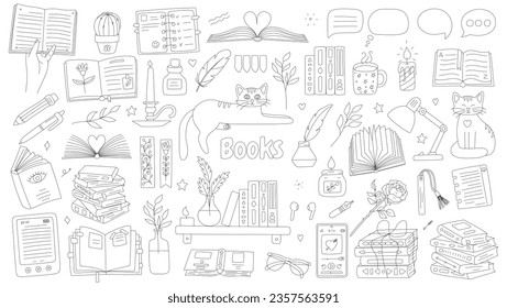 Juego de libros para los amantes de la lectura. Libros abiertos a mano, pila, pila, gafas, audiolibro, libro, libros en repisa, taza de té, gatos. Ilustración vectorial de doodle en blanco y negro aislada en blanco