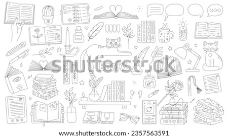 Set of books for reading lovers. Hand drawn open books, pile, stack, glasses, audiobook, ebook, books on shelf, cup of tea, cats. Black and white doodle vector illustration isolated on white