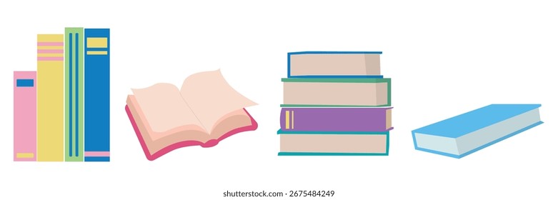 Conjunto de livros para leitura. Pilha de livros, livro aberto, livro deitado, etc. Conceito de leitura, bibliotecas, publicação de livros, aprendizagem, etc. Estudar literatura, obter educação, ler.