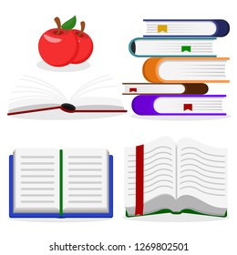 Set of books and red Apple on a white background.