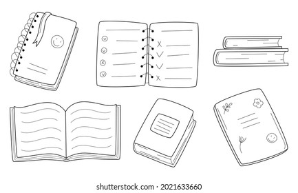 Un juego de libros, libros de ejercicios escolares, cuadernos en primavera. Estilo Doodle. Ilustración vectorial de contorno blanco y negro dibujada a mano. Aislado sobre un fondo blanco