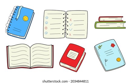 A set of books, school exercise books, notebooks on a spring. Doodle style. Hand-drawn black and white outline vector illustration. Isolated on a white background.