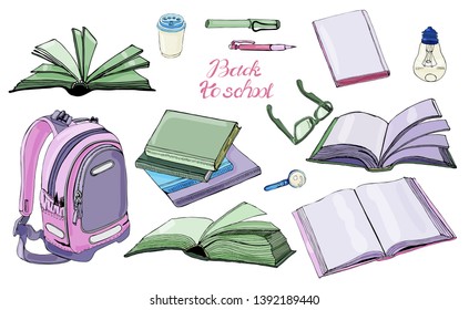 Set with books and school items . Color elements isolated on white background. Vector illustration.