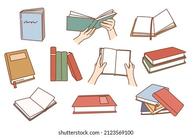 Set of books for school or university studying. Collection of people students read textbooks prepare for exam. Self-education and learning concept. Literature bundle. Flat vector illustration. 