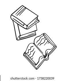 set of books stack and revealed different doodle elements items read graphics outline icons isolate on white background sketch vector illustration