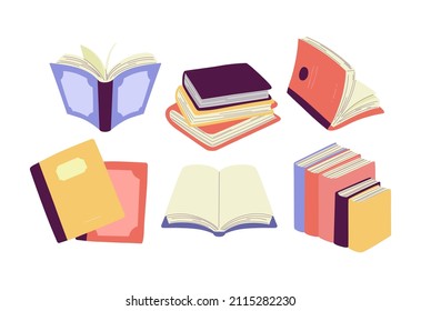 Conjunto de libros, pila de libros de texto, libro abierto en ilustración vectorial de diseño plano