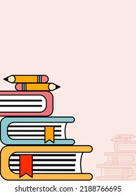 set of books stacked on top of each other, with a couple of pencils on top