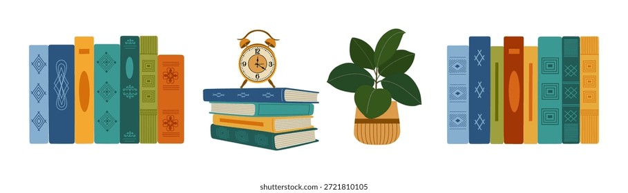 Conjunto de libros en pilas y en una fila, planta en maceta, despertador. Concepto de educación, Biblioteca, examen, tienda de libros. Ilustración vectorial dibujada a mano aislada en el fondo blanco, estilo plano de la historieta.