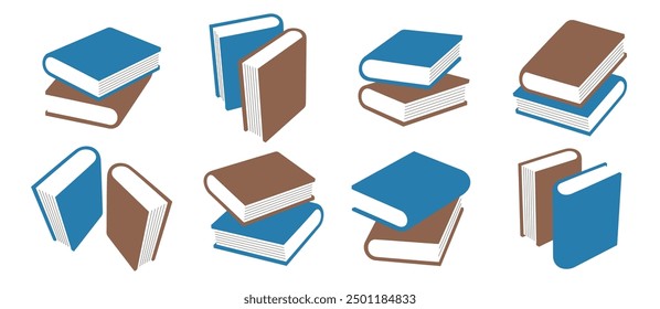 A set of books stacks of two books top of each other in various positions. Education, wisdom, information. Vector illustration