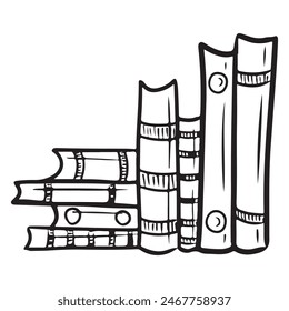 Conjunto de libros juntos en un estante como símbolo de sabiduría, inteligencia en negro aislado sobre fondo blanco. Dibujado a mano ilustración de boceto de Vector en estilo grabado vintage doodle.