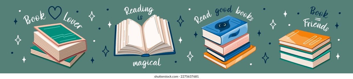 Set of books stickers. Open book, plant, and stacks of books to read in flat design style. World book day. Vector.