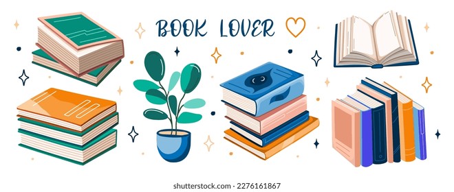 Set of books stickers. Open book, plant, and stacks of books to read in flat design style. Book lover. Vector.