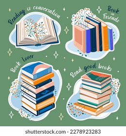 Set of books stickers. Open book and stacks of books to read in flat design style. Literature for reading and education. Vector.
