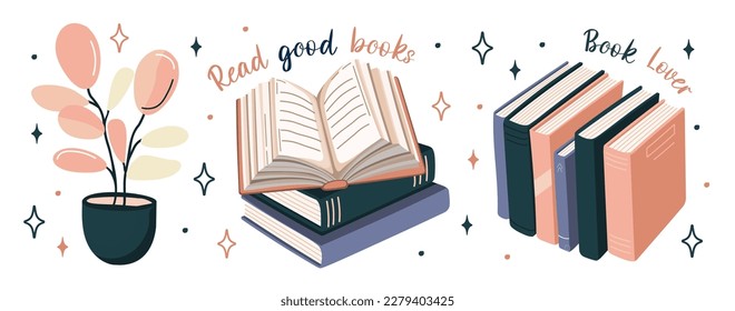 Set of books stickers. Open book, plant, and stacks of books to read in flat design style. World book day. Vector.