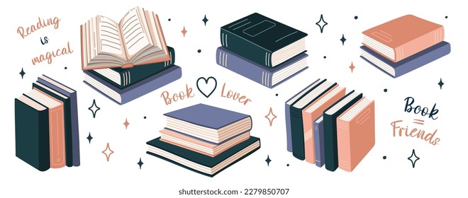 Set of books stickers. Open book, plant, and stacks of books to read in flat design style. World book day. Vector.