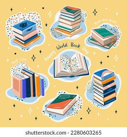 Set of books stickers. Open book and stacks of books to read in flat design style. Literature for reading and education. Vector.