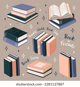 Set of books stickers. Open book, plant, and stacks of books to read in flat design style. World book day. Vector.