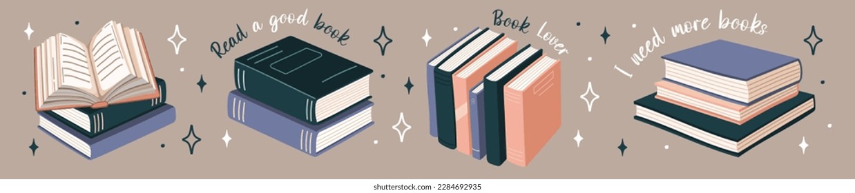 Juego de pegatinas de libros. Libro abierto, planta y pilas de libros para leer en estilo de diseño plano. Día mundial del libro. Vector.