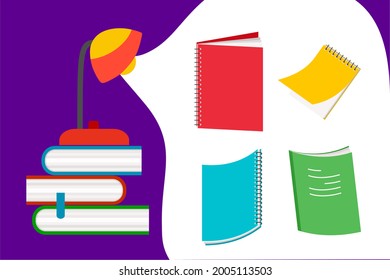 Set books, table lamp, notebook, notepad. School stationery items in a flat style.