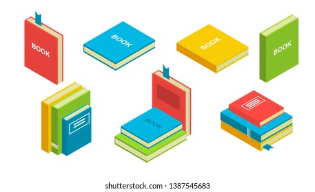 Set of books, textbooks in the style of isometry. Shelf with books. Green book, red, blue, yellow books are stacked