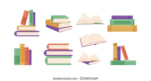 A set of books, textbooks. Vector illustration with open books, stacks of books, closed books. the concept of education, library, shop, reading club