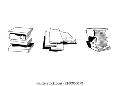 Set of books thick and thin lying horizontally and standing vertically on shelves, open and closed, with bookmarks. Doodle hand drawn isolated objects. Vector illustration on white background