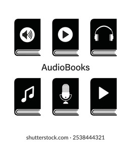 Conjunto de libros con varios pictogramas - reproductor, volumen, micrófono. Iconos simples negros del audiolibro aislados en el fondo blanco. Librería en línea. Literatura pública, audiolibros. Diseño monocromo. Vector