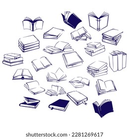 Juego de ilustraciones de vectores de libros. Colección De Varios Libros De Posición Con Páginas Abiertas Y De Desarrollo. Educación Y Conocimiento
