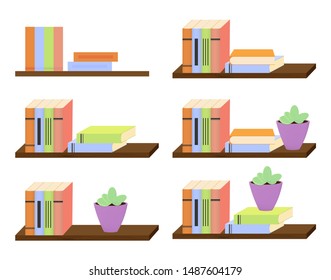 Set bookshelf design templates, collection isolated icons, vector illustration